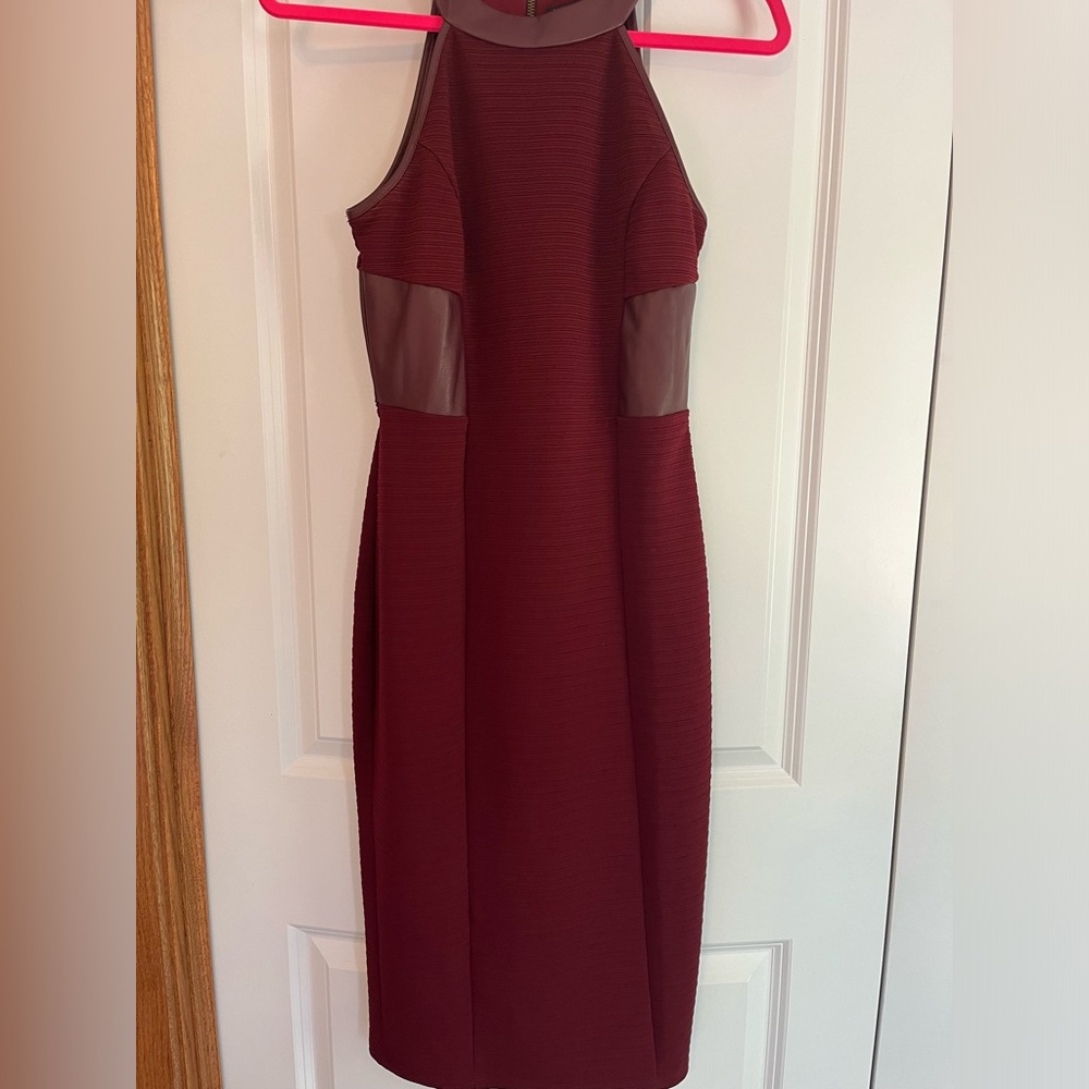 Miss Selfridge maroon dress faux leather mid knee length size US 8